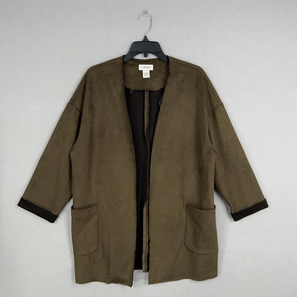 Carmen Marc Valvo Jacket Womens Large Brown Green Faux Suede Leather Open Luxury
